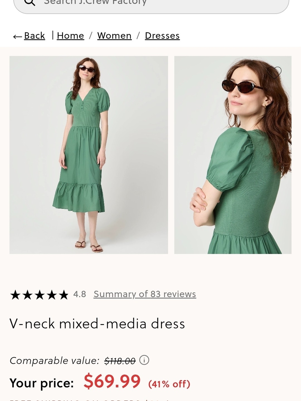 J. Crew Green V-Neck Midi Dress with Smocked Bodice